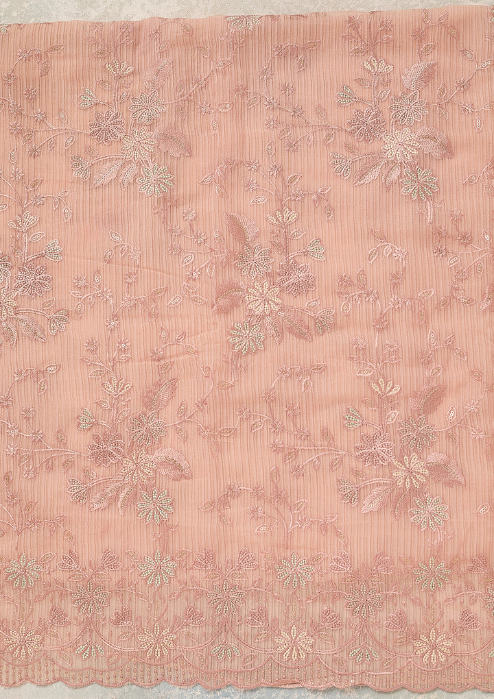 Baby Pink Chiffon Threadwork Unstitched Dress Material With Matching Bottom And Dupatta