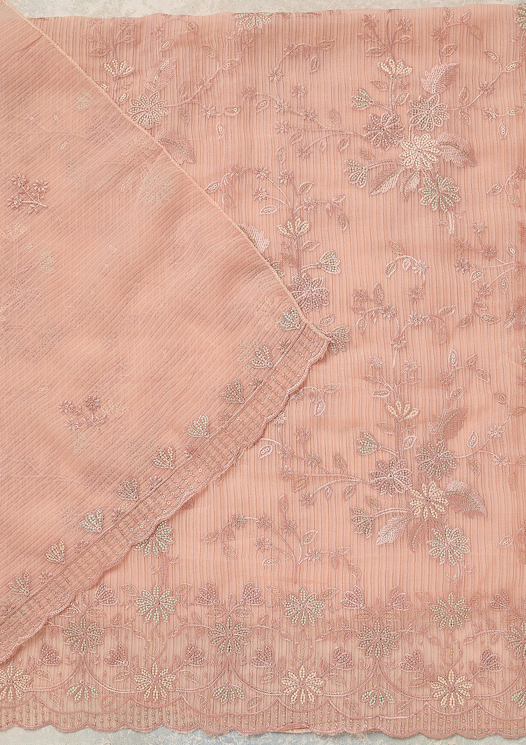 Baby Pink Chiffon Threadwork Unstitched Dress Material With Matching Bottom And Dupatta
