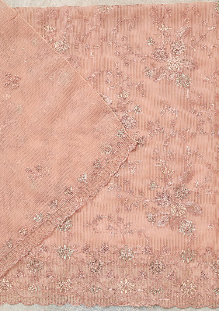 Baby Pink Chiffon Threadwork Unstitched Dress Material With Matching Bottom And Dupatta