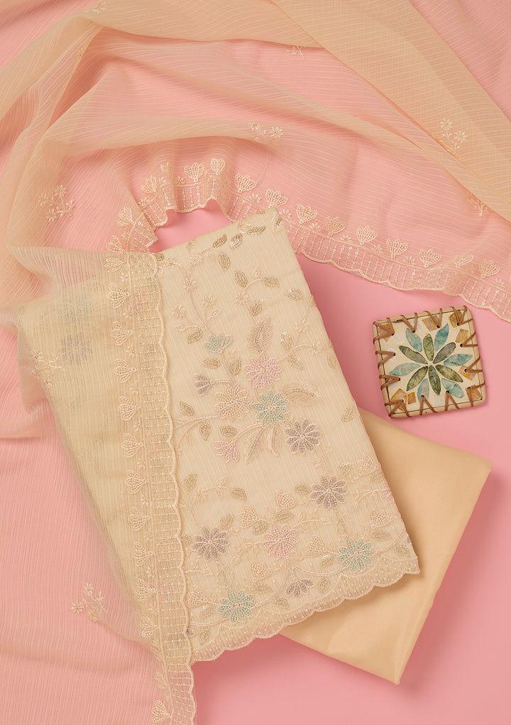 Cream Chiffon Threadwork Unstitched Dress Material With Matching Bottom And Dupatta