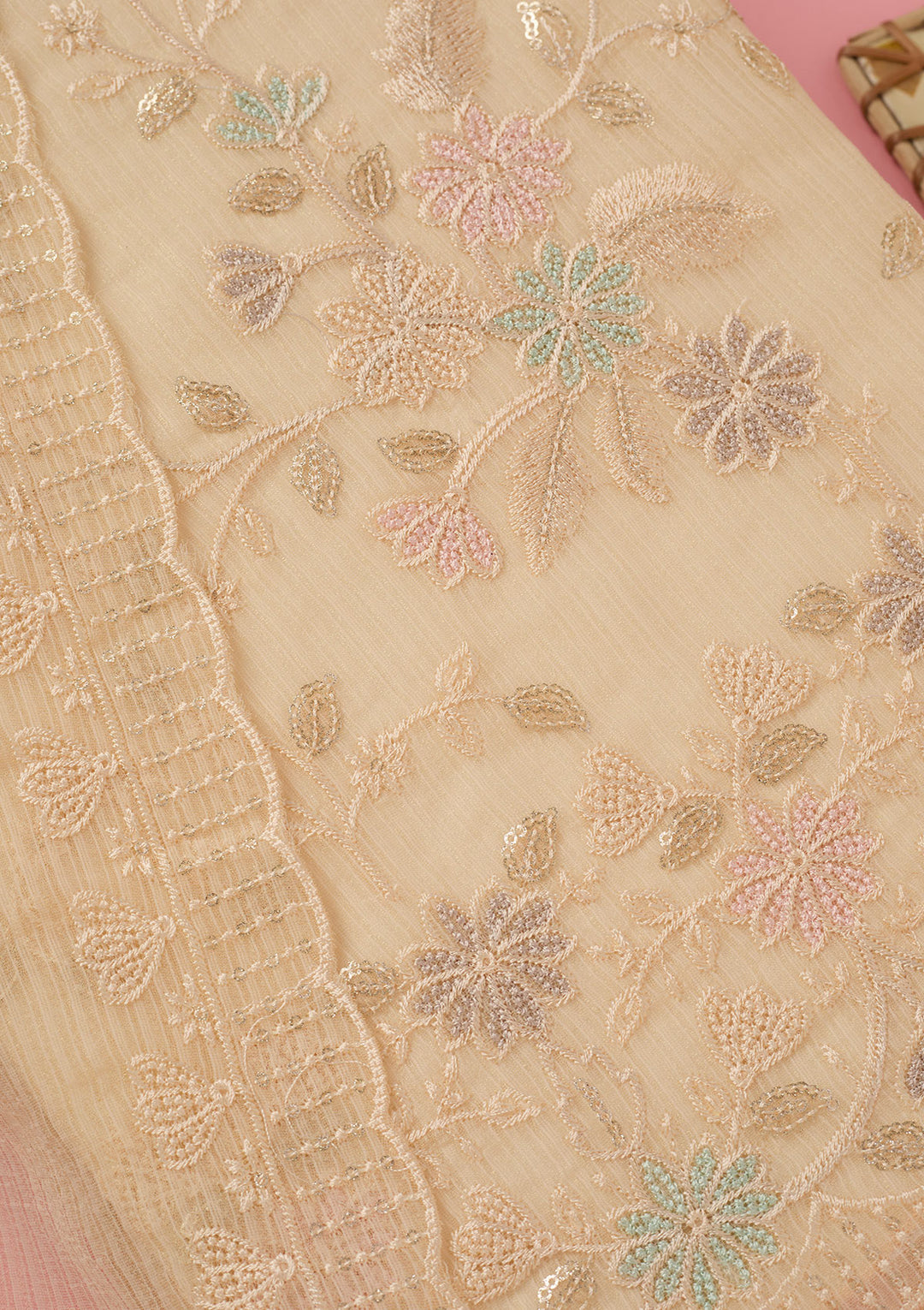 Cream Chiffon Threadwork Unstitched Dress Material With Matching Bottom And Dupatta