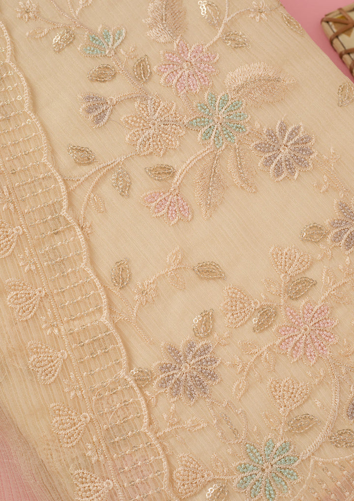 Cream Chiffon Threadwork Unstitched Dress Material With Matching Bottom And Dupatta