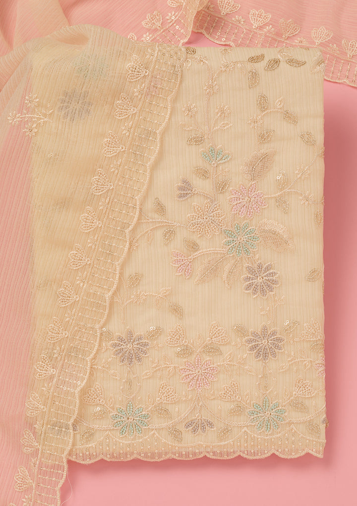 Cream Chiffon Threadwork Unstitched Dress Material With Matching Bottom And Dupatta