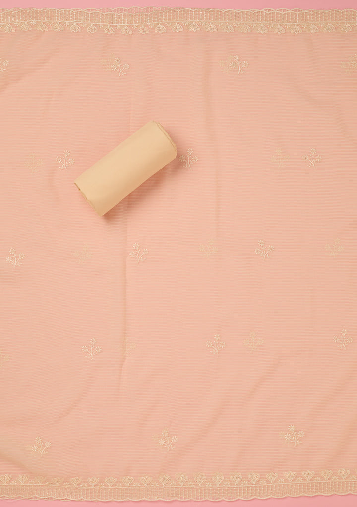 Cream Chiffon Threadwork Unstitched Dress Material With Matching Bottom And Dupatta
