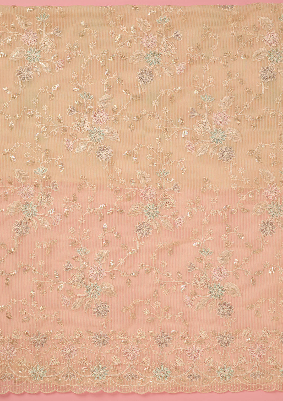 Cream Chiffon Threadwork Unstitched Dress Material With Matching Bottom And Dupatta