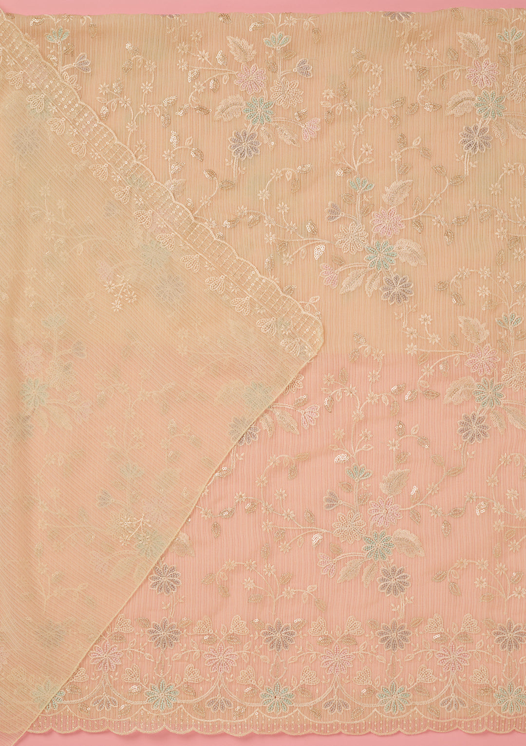 Cream Chiffon Threadwork Unstitched Dress Material With Matching Bottom And Dupatta