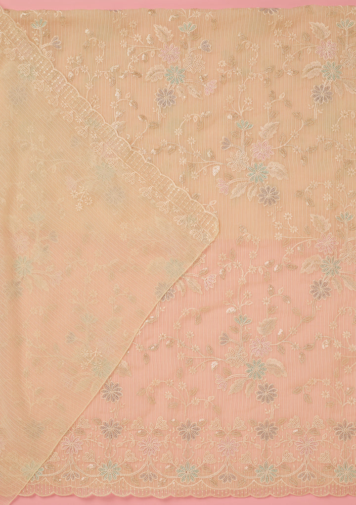 Cream Chiffon Threadwork Unstitched Dress Material With Matching Bottom And Dupatta