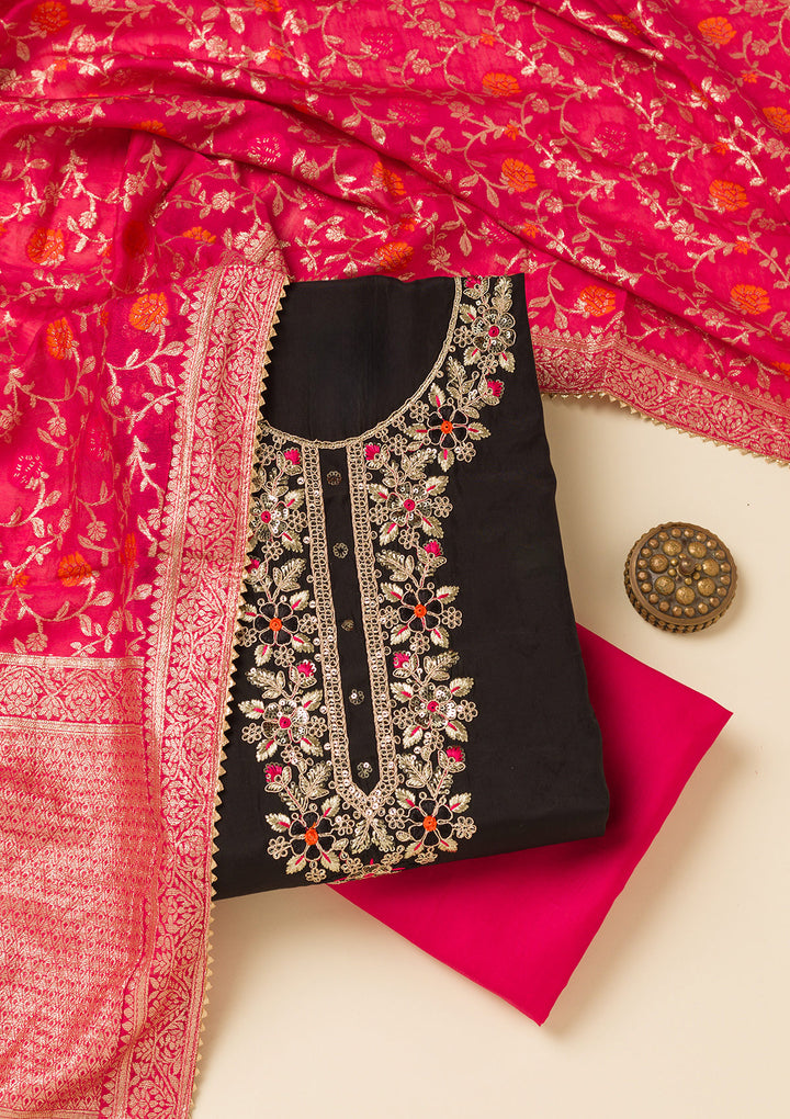 Black Pink Dola Silk Gold Zariwork Unstitched Dress Material With Matching Bottom And Dupatta