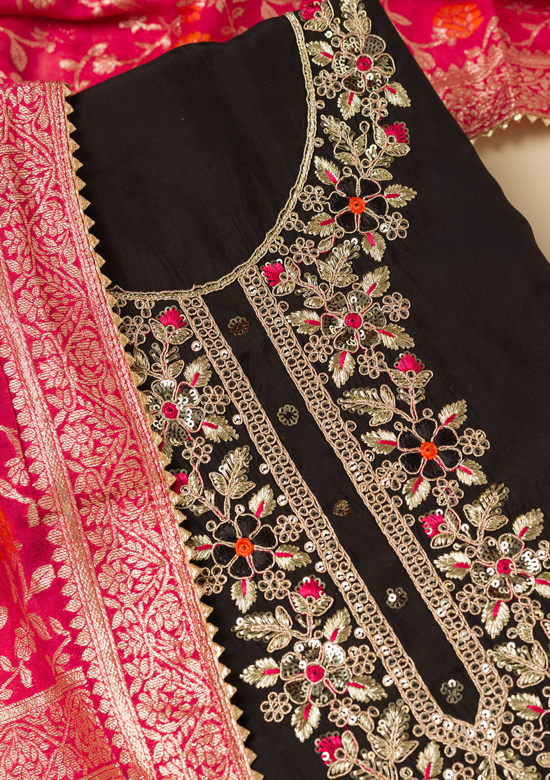 Black Pink Dola Silk Gold Zariwork Unstitched Dress Material With Matching Bottom And Dupatta