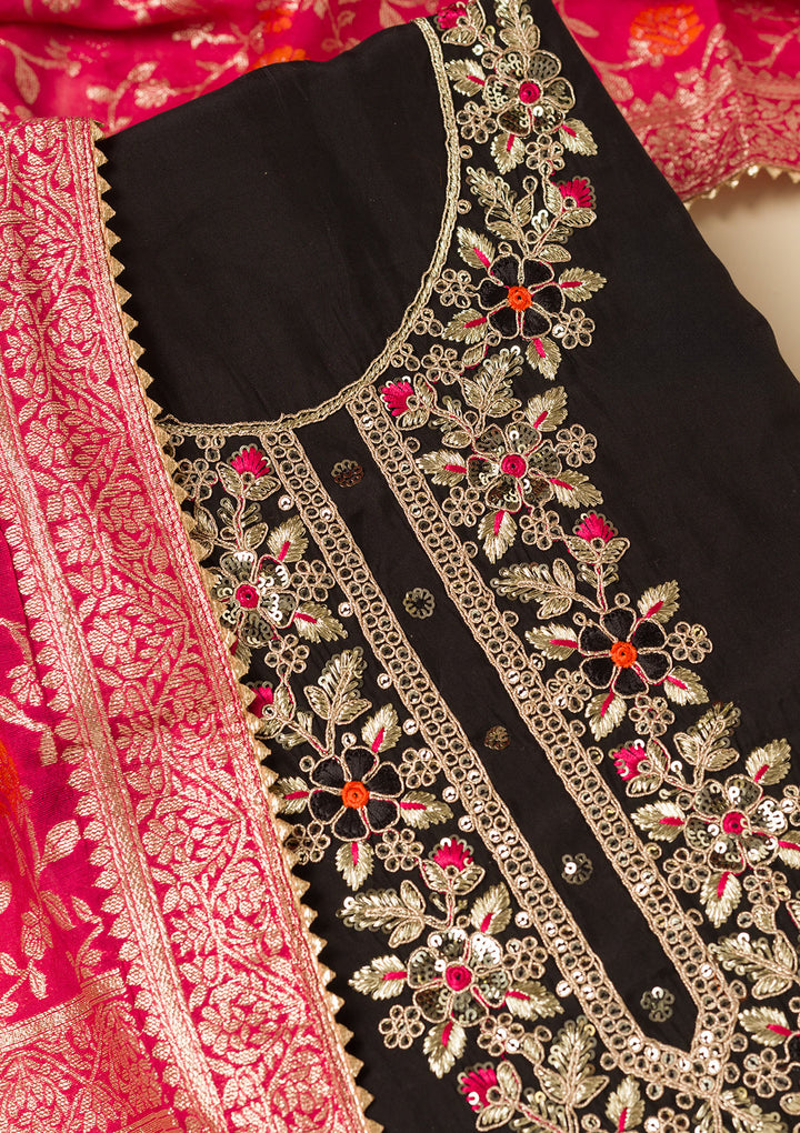 Black Pink Dola Silk Gold Zariwork Unstitched Dress Material With Matching Bottom And Dupatta