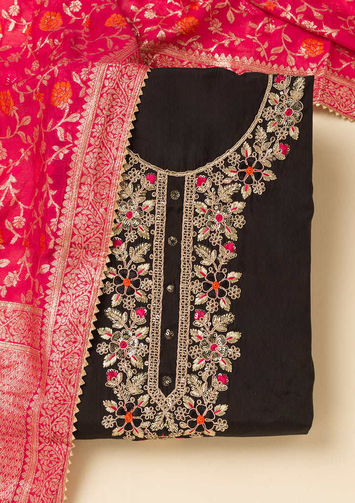 Black Pink Dola Silk Gold Zariwork Unstitched Dress Material With Matching Bottom And Dupatta