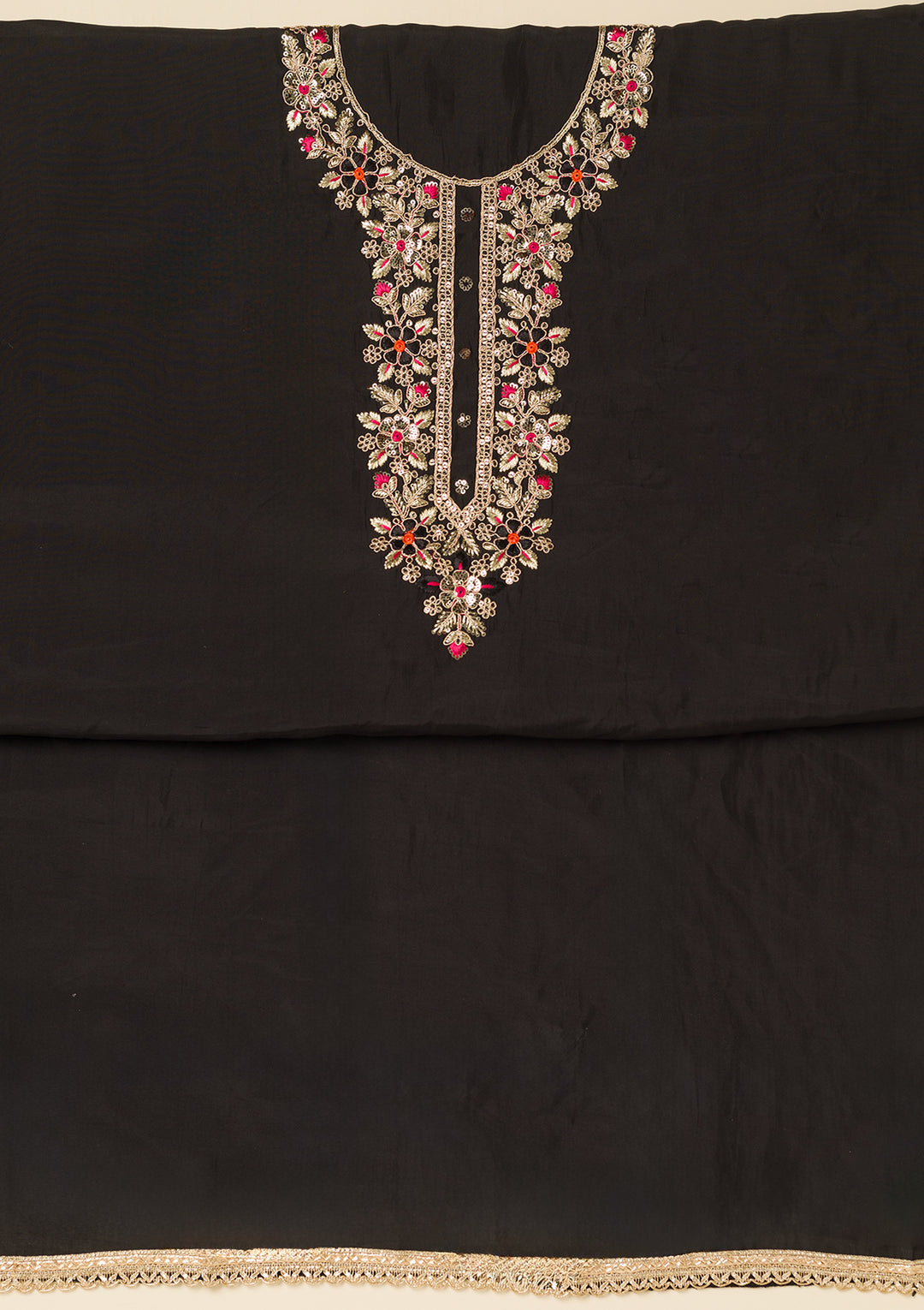 Black Pink Dola Silk Gold Zariwork Unstitched Dress Material With Matching Bottom And Dupatta