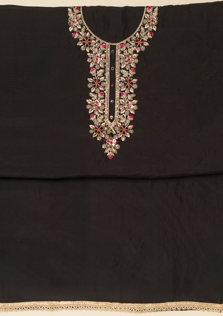 Black Pink Dola Silk Gold Zariwork Unstitched Dress Material With Matching Bottom And Dupatta