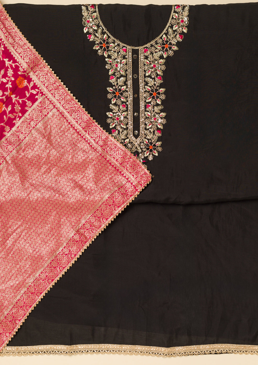 Black Pink Dola Silk Gold Zariwork Unstitched Dress Material With Matching Bottom And Dupatta