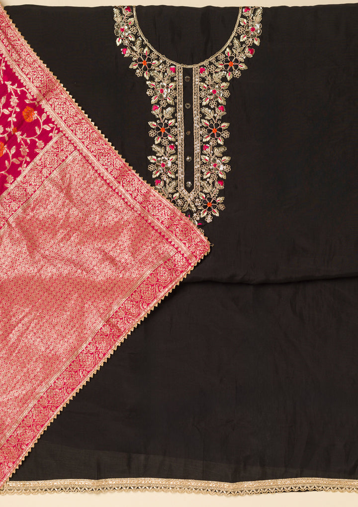 Black Pink Dola Silk Gold Zariwork Unstitched Dress Material With Matching Bottom And Dupatta