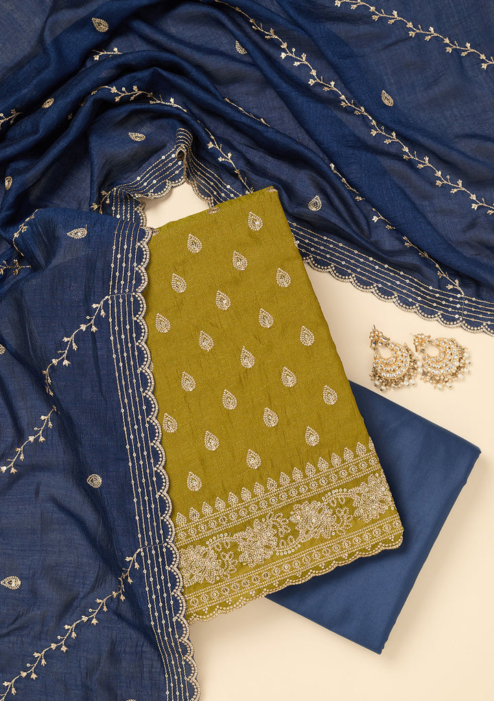 Parrot Green Zariwork Soft Raw Silk Unstitched Salwar Suit