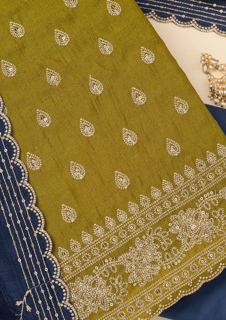 Parrot Green Zariwork Soft Raw Silk Unstitched Salwar Suit