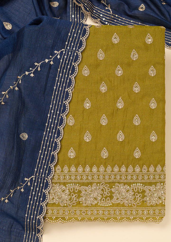 Parrot Green Zariwork Soft Raw Silk Unstitched Salwar Suit