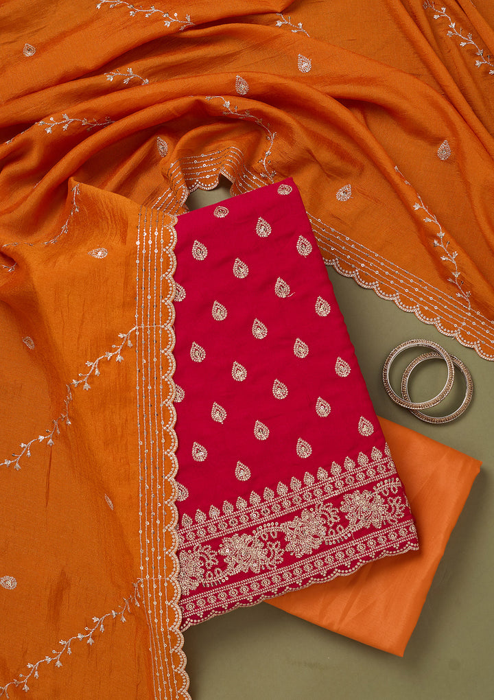 Pink Orange Soft Raw Silk Silver Zardozi Work Unstitched Dress Material With Matching Bottom And Dupatta