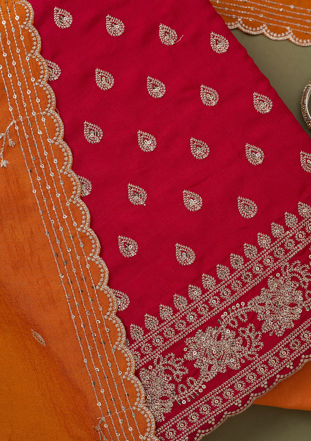Pink Orange Soft Raw Silk Silver Zardozi Work Unstitched Dress Material With Matching Bottom And Dupatta