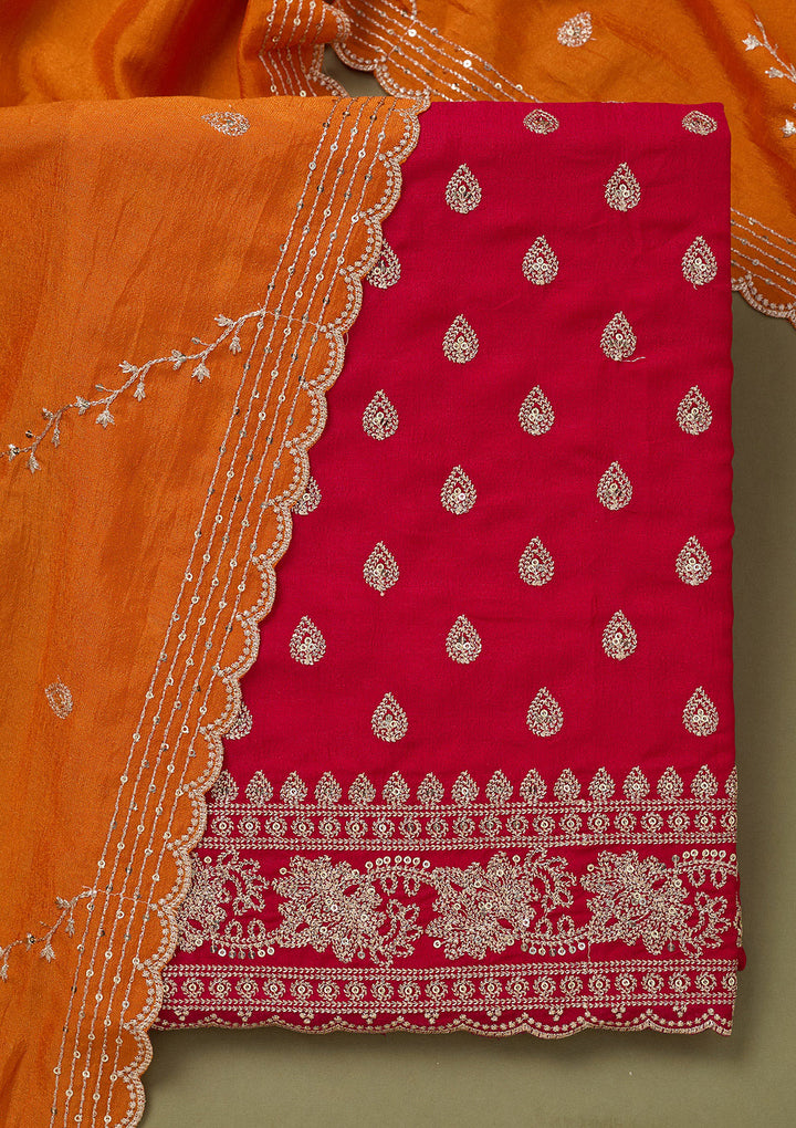 Pink Orange Soft Raw Silk Silver Zardozi Work Unstitched Dress Material With Matching Bottom And Dupatta