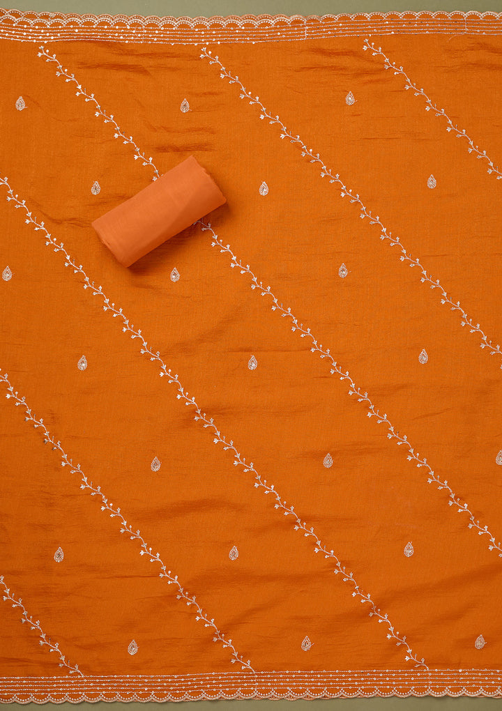 Pink Orange Soft Raw Silk Silver Zardozi Work Unstitched Dress Material With Matching Bottom And Dupatta