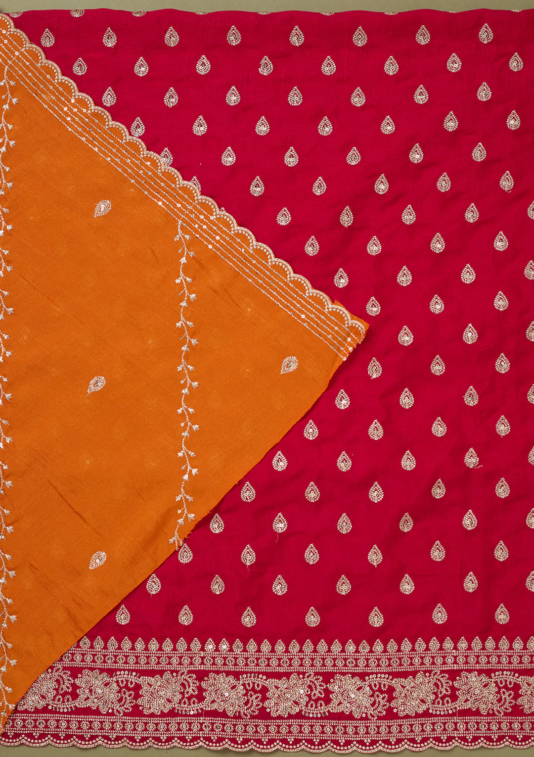 Pink Orange Soft Raw Silk Silver Zardozi Work Unstitched Dress Material With Matching Bottom And Dupatta