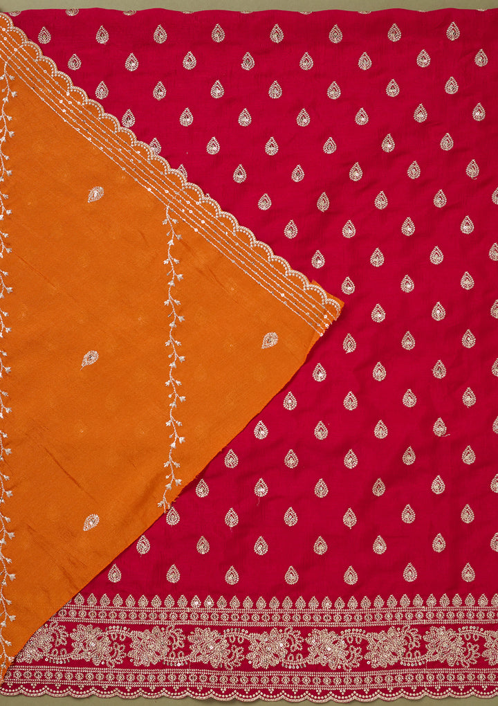Pink Orange Soft Raw Silk Silver Zardozi Work Unstitched Dress Material With Matching Bottom And Dupatta