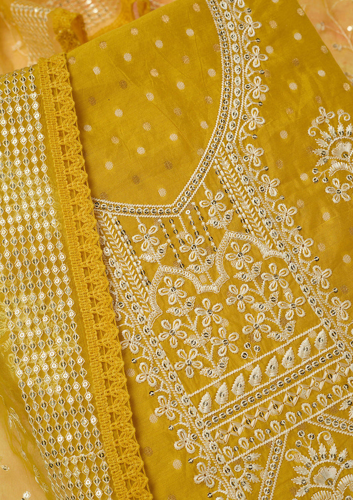 Mustard Metallic Embroidery Chanderi Unstitched Salwar Suit