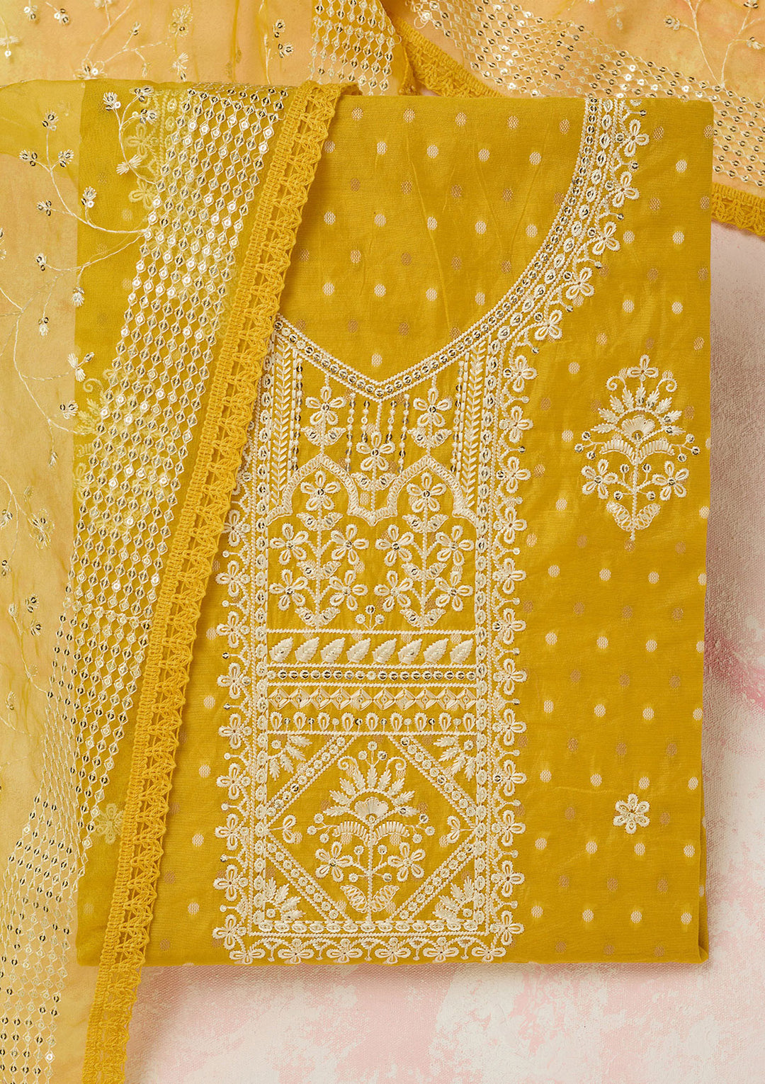 Mustard Metallic Embroidery Chanderi Unstitched Salwar Suit