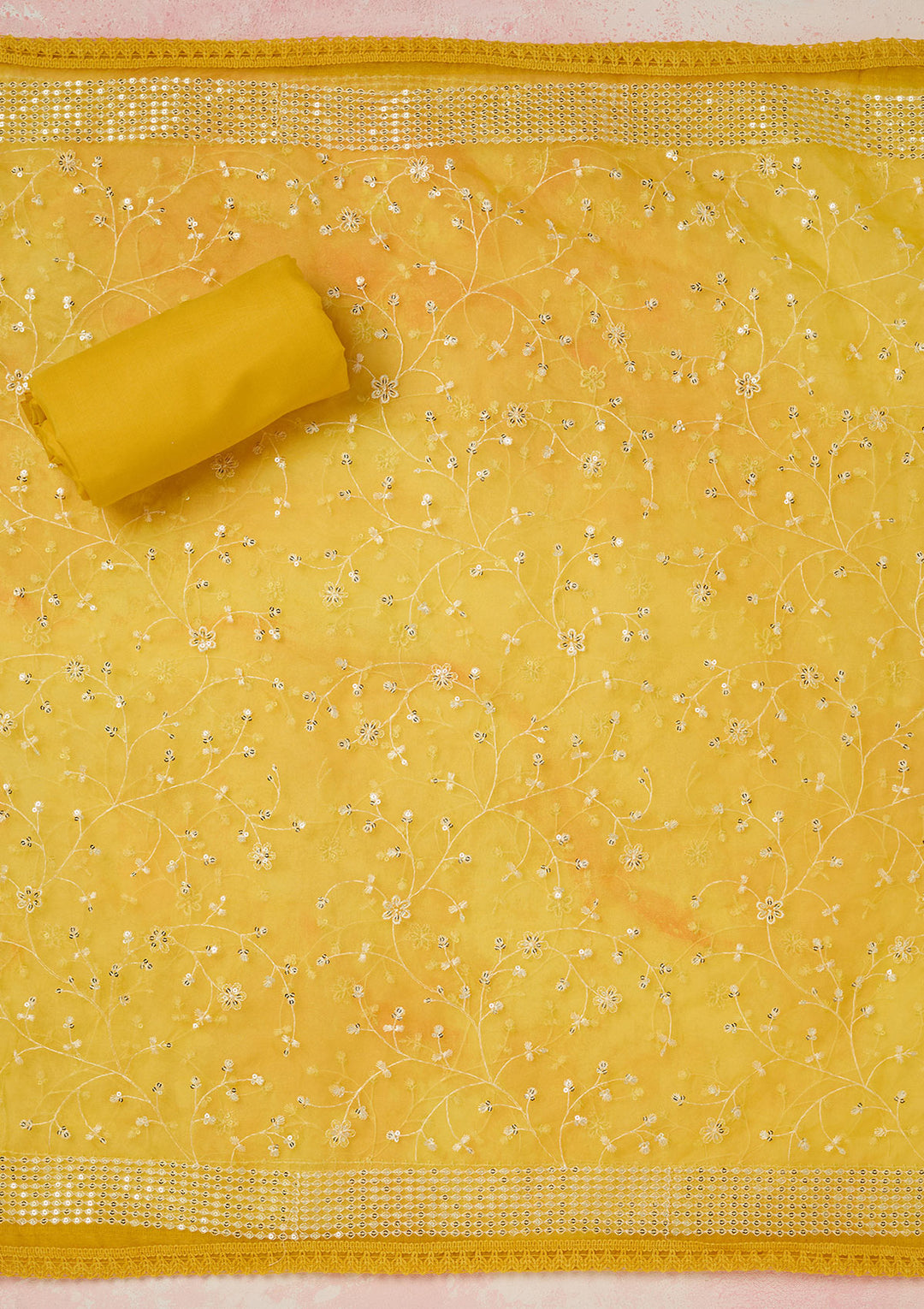 Mustard Metallic Embroidery Chanderi Unstitched Salwar Suit