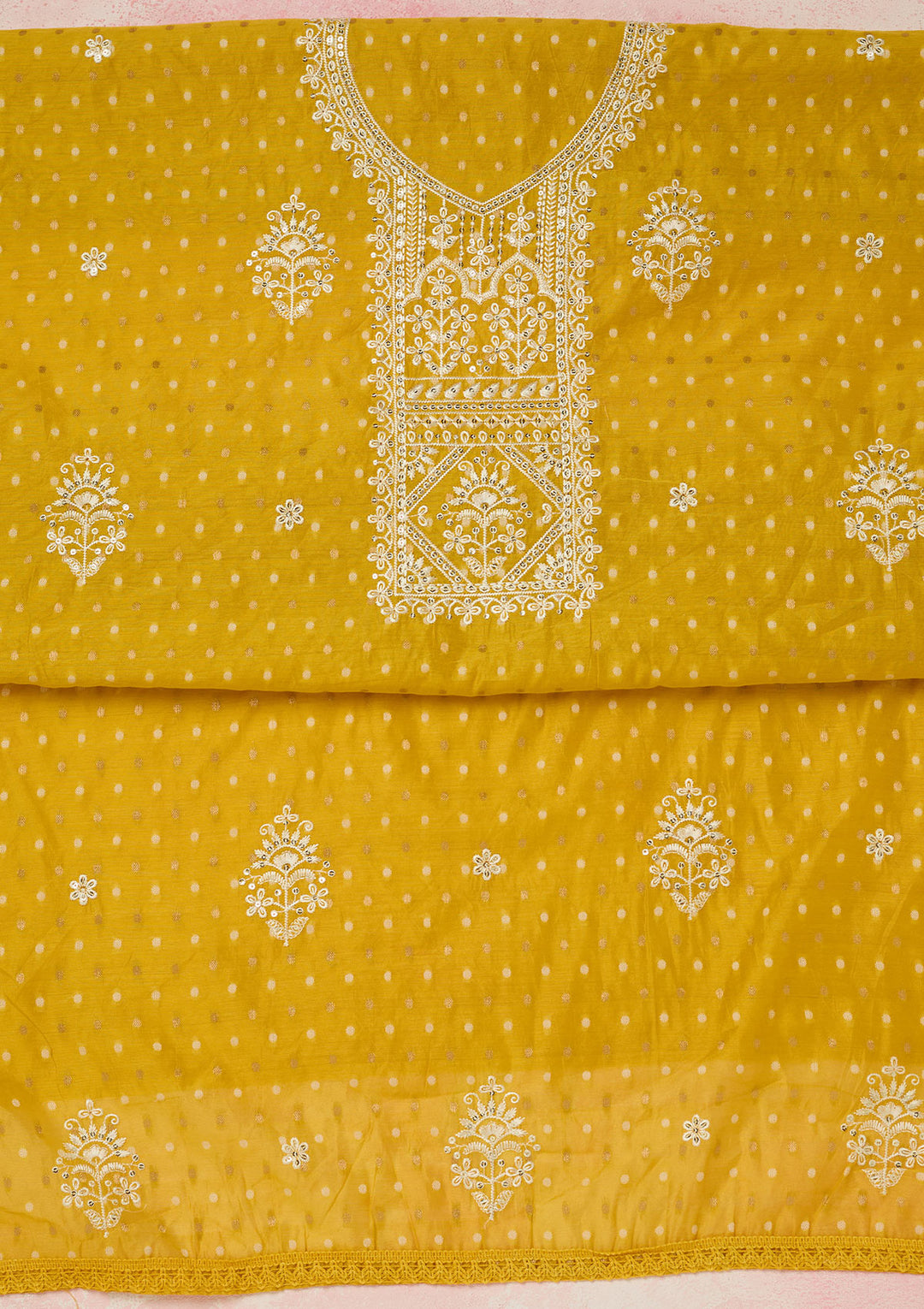 Mustard Metallic Embroidery Chanderi Unstitched Salwar Suit