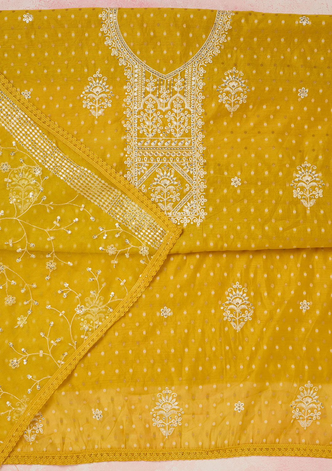 Mustard Metallic Embroidery Chanderi Unstitched Salwar Suit