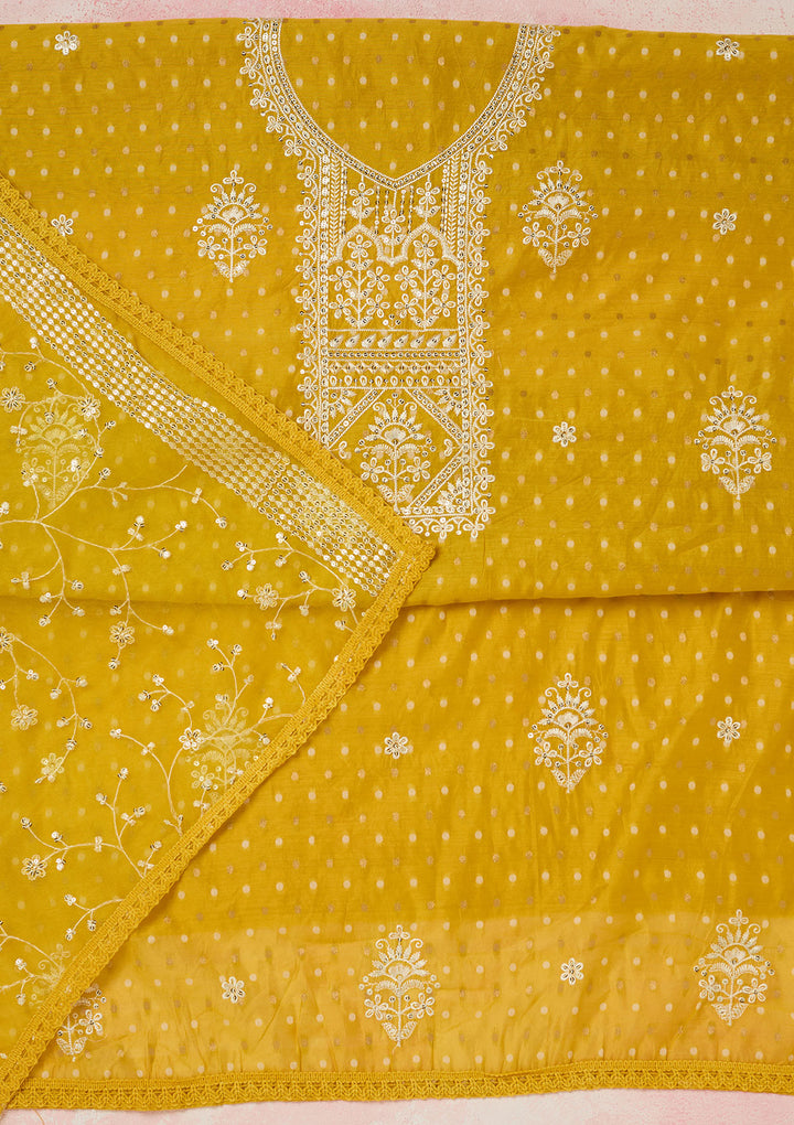 Mustard Metallic Embroidery Chanderi Unstitched Salwar Suit
