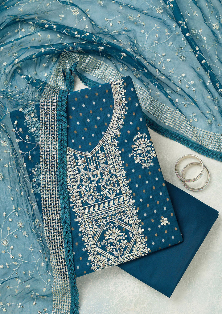 Peacock Blue Chanderi Gold Zardozi Work Unstitched Dress Material With Matching Bottom And Dupatta
