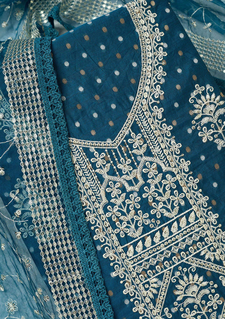 Peacock Blue Chanderi Gold Zardozi Work Unstitched Dress Material With Matching Bottom And Dupatta