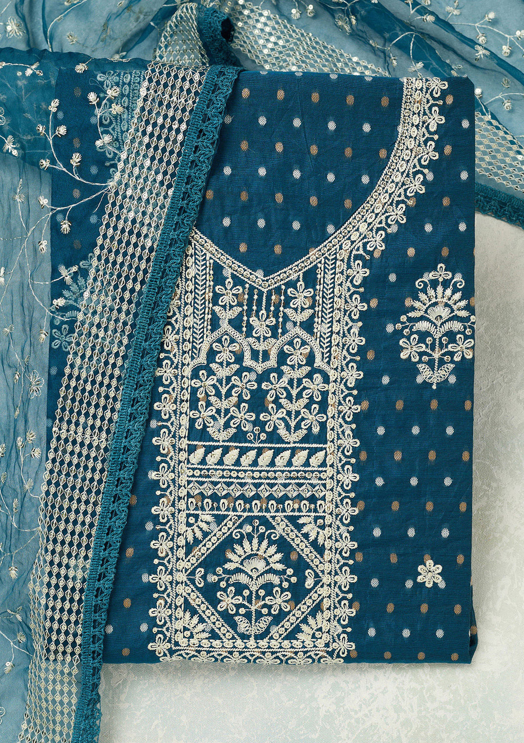 Peacock Blue Chanderi Gold Zardozi Work Unstitched Dress Material With Matching Bottom And Dupatta