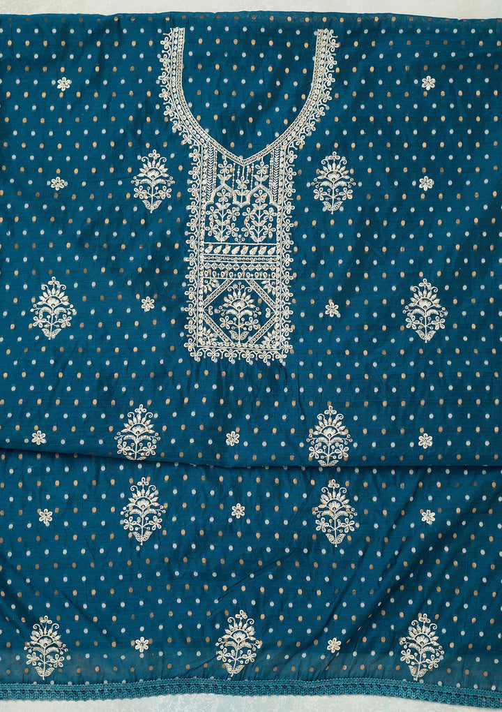 Peacock Blue Chanderi Gold Zardozi Work Unstitched Dress Material With Matching Bottom And Dupatta