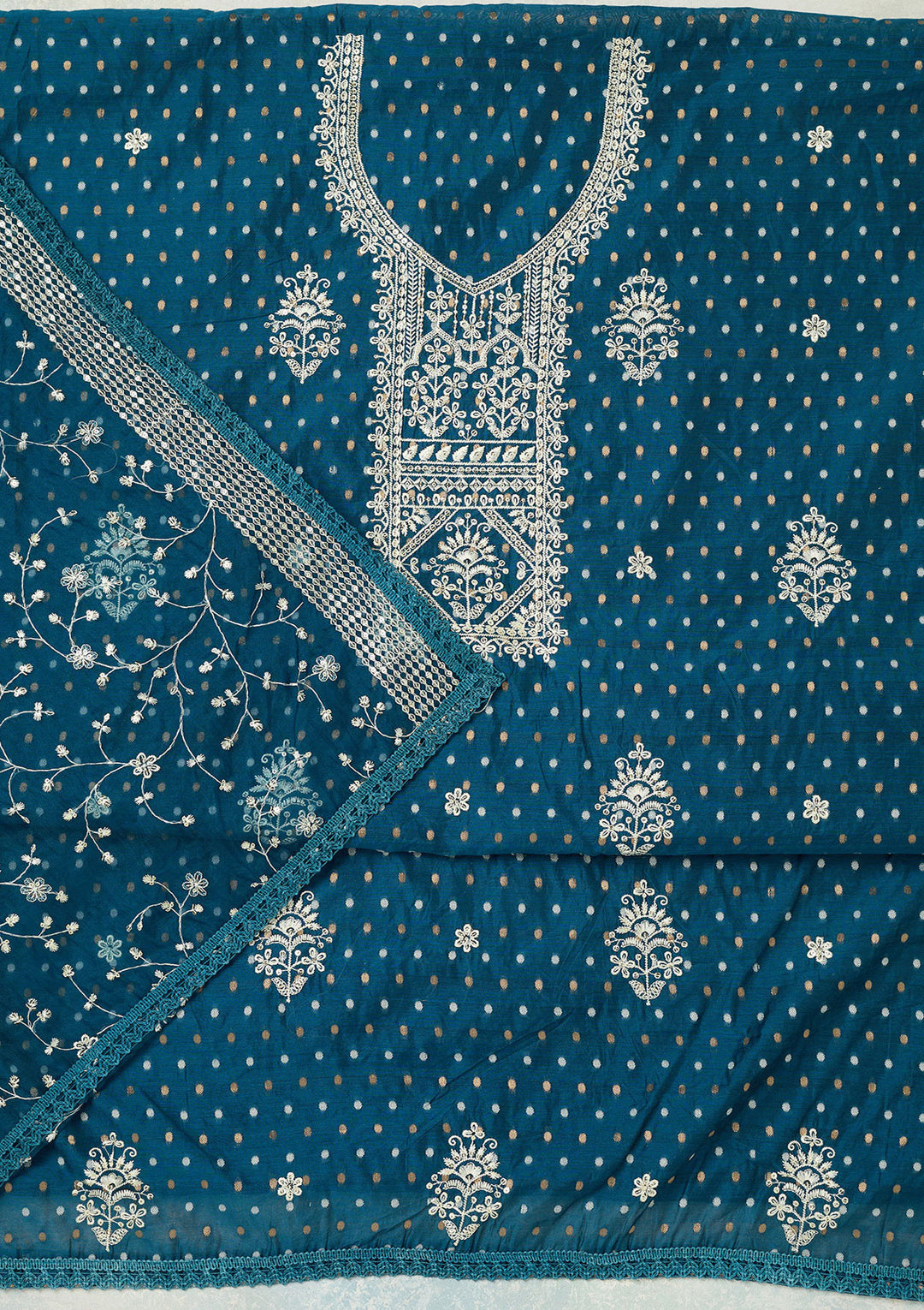 Peacock Blue Chanderi Gold Zardozi Work Unstitched Dress Material With Matching Bottom And Dupatta