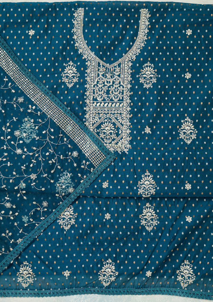 Peacock Blue Chanderi Gold Zardozi Work Unstitched Dress Material With Matching Bottom And Dupatta