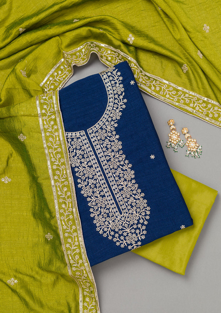 Royal Blue Zariwork Soft Raw Silk Unstitched Salwar Suit