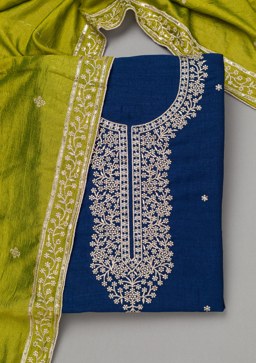 Royal Blue Zariwork Soft Raw Silk Unstitched Salwar Suit