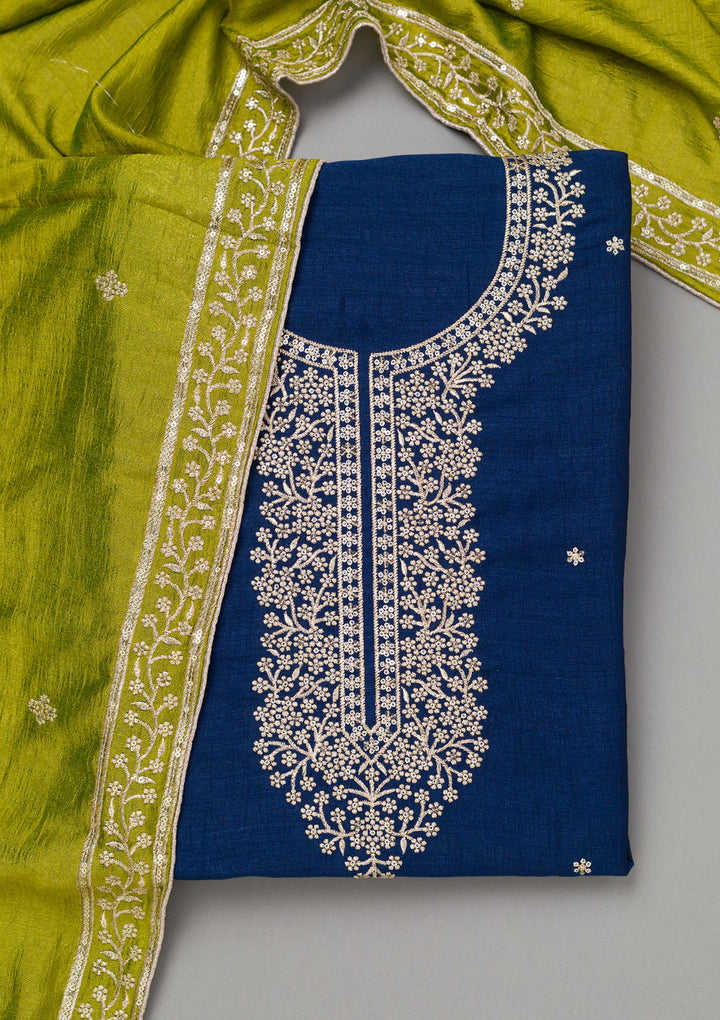 Royal Blue Zariwork Soft Raw Silk Unstitched Salwar Suit