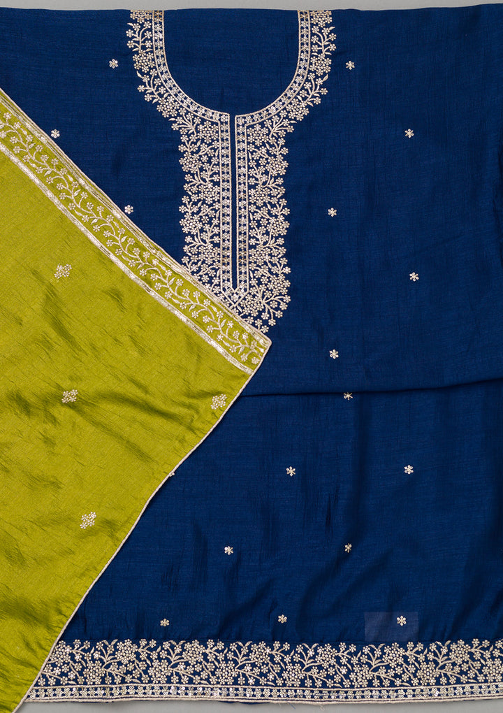 Royal Blue Zariwork Soft Raw Silk Unstitched Salwar Suit