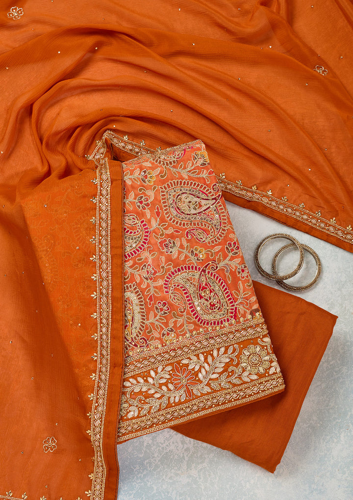 Orange Crepe Gold Stonework Unstitched Dress Material With Matching Bottom And Dupatta