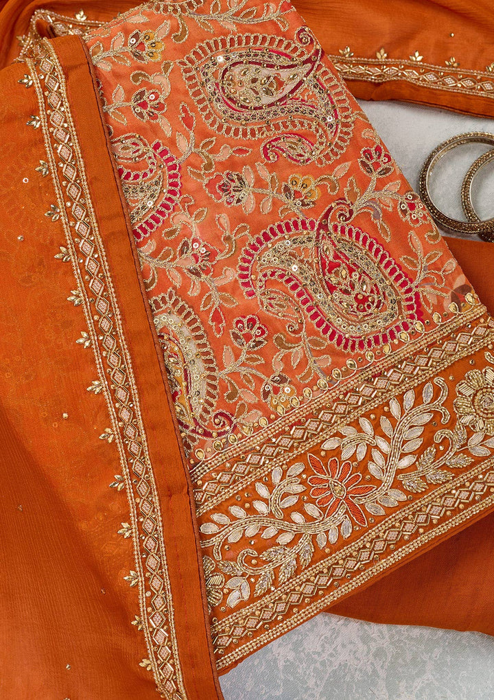 Orange Crepe Gold Stonework Unstitched Dress Material With Matching Bottom And Dupatta