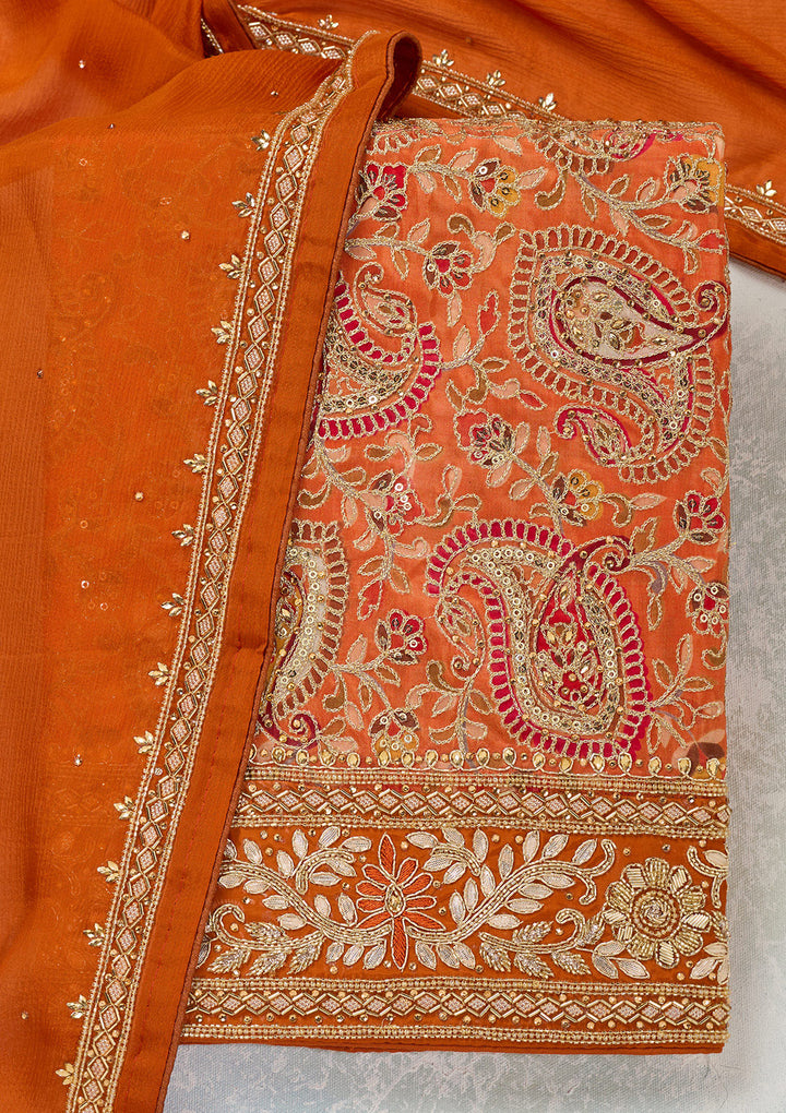 Orange Crepe Gold Stonework Unstitched Dress Material With Matching Bottom And Dupatta