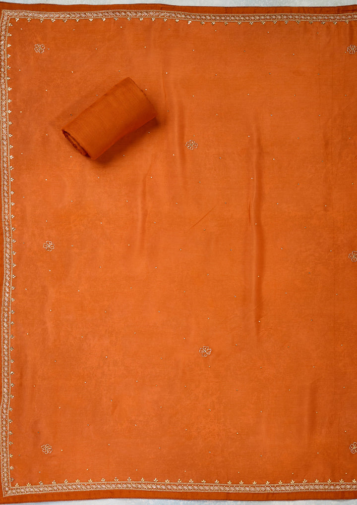 Orange Crepe Gold Stonework Unstitched Dress Material With Matching Bottom And Dupatta
