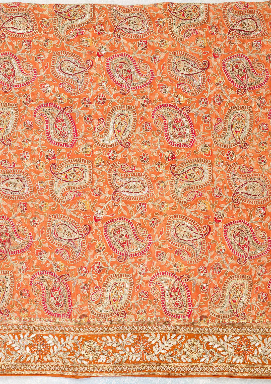 Orange Crepe Gold Stonework Unstitched Dress Material With Matching Bottom And Dupatta