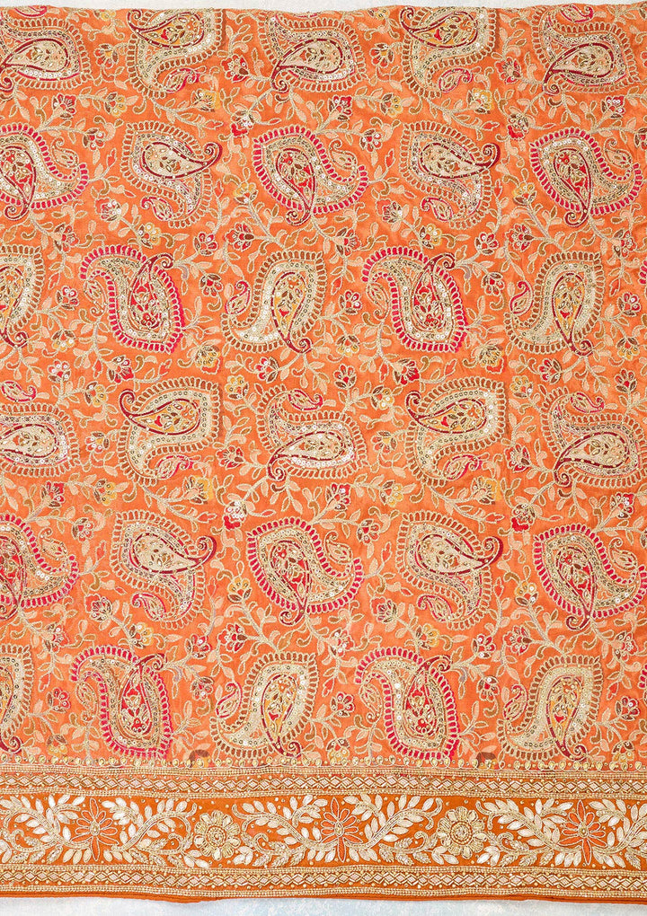 Orange Crepe Gold Stonework Unstitched Dress Material With Matching Bottom And Dupatta